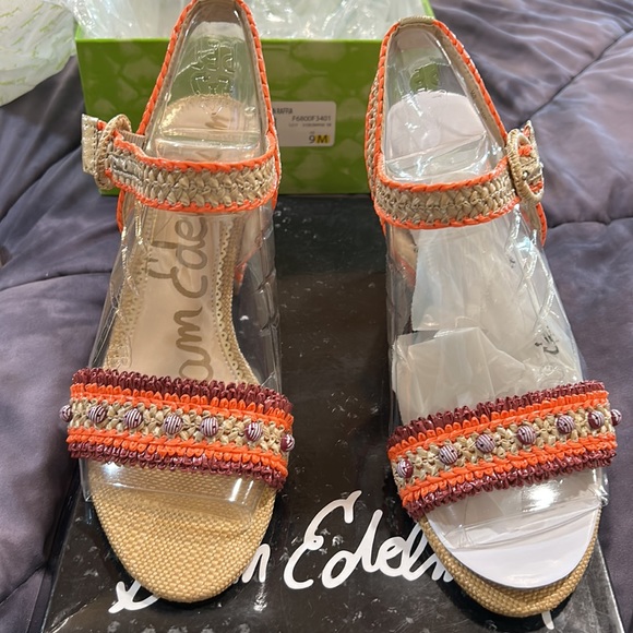 SAM EDELMAN brand new raffia sandals in orange, purple and neutral with beads s9 - Picture 3 of 11